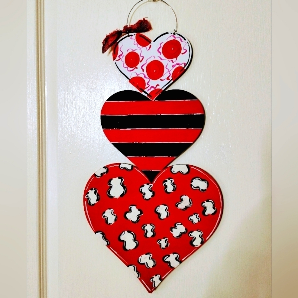 Handmade Crafted Valentine's 3-Hearts Stacked Wood Front Door Sign Hand painted